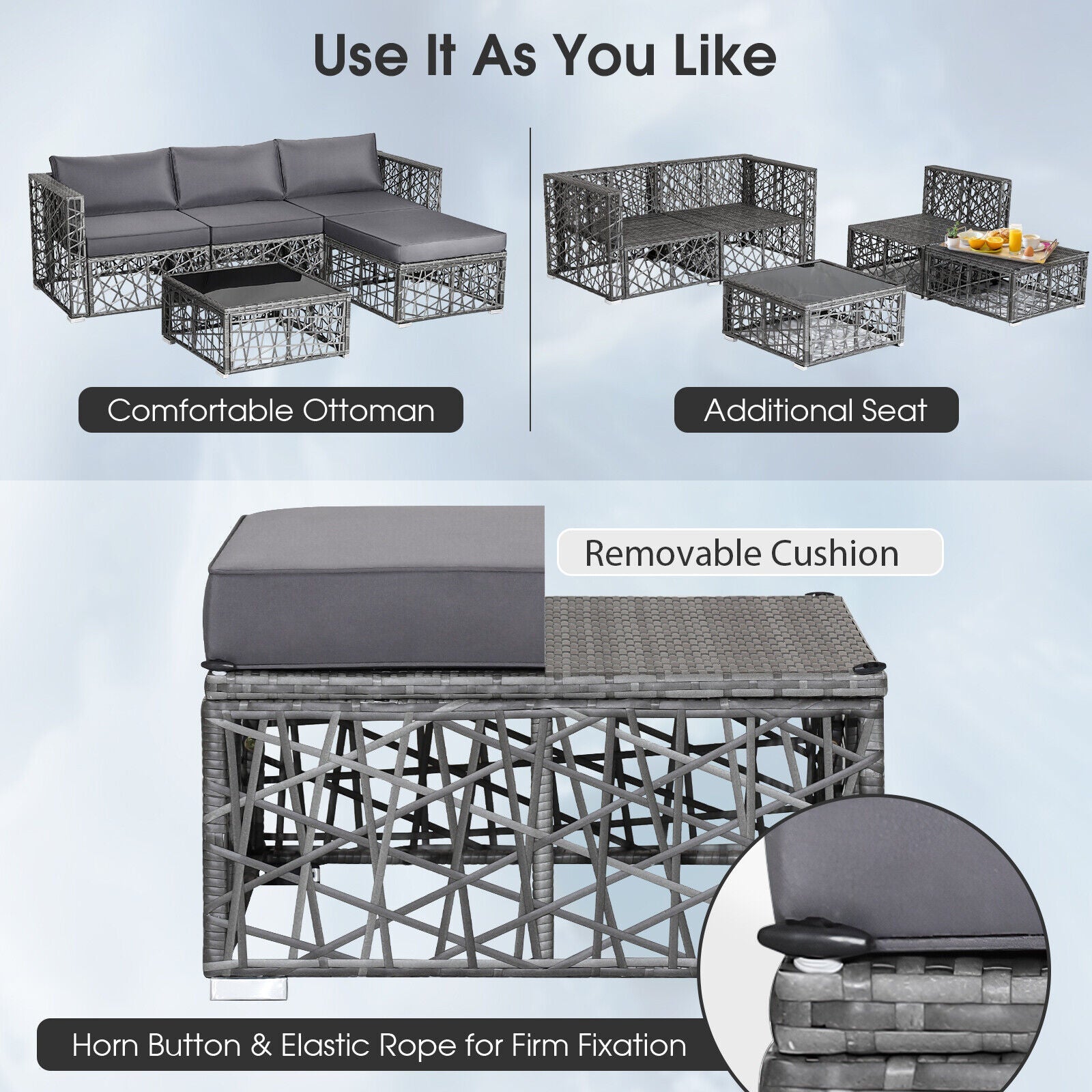 Costway 5-Pc Patio PE Rattan Wicker Sofa Furniture Set Gray 49013285 New