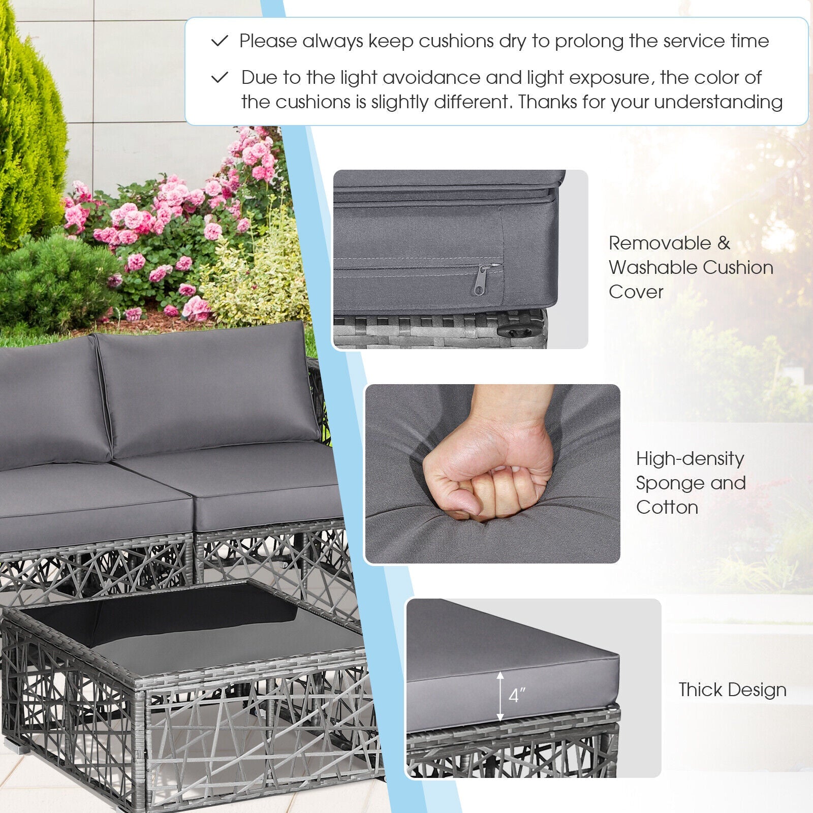 Costway 5-Pc Patio PE Rattan Wicker Sofa Furniture Set Gray 49013285 New