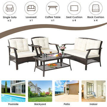 Costway 4-Pc Outdoor Rattan Patio Conversation Set w/ Protective Cover 89307412 New