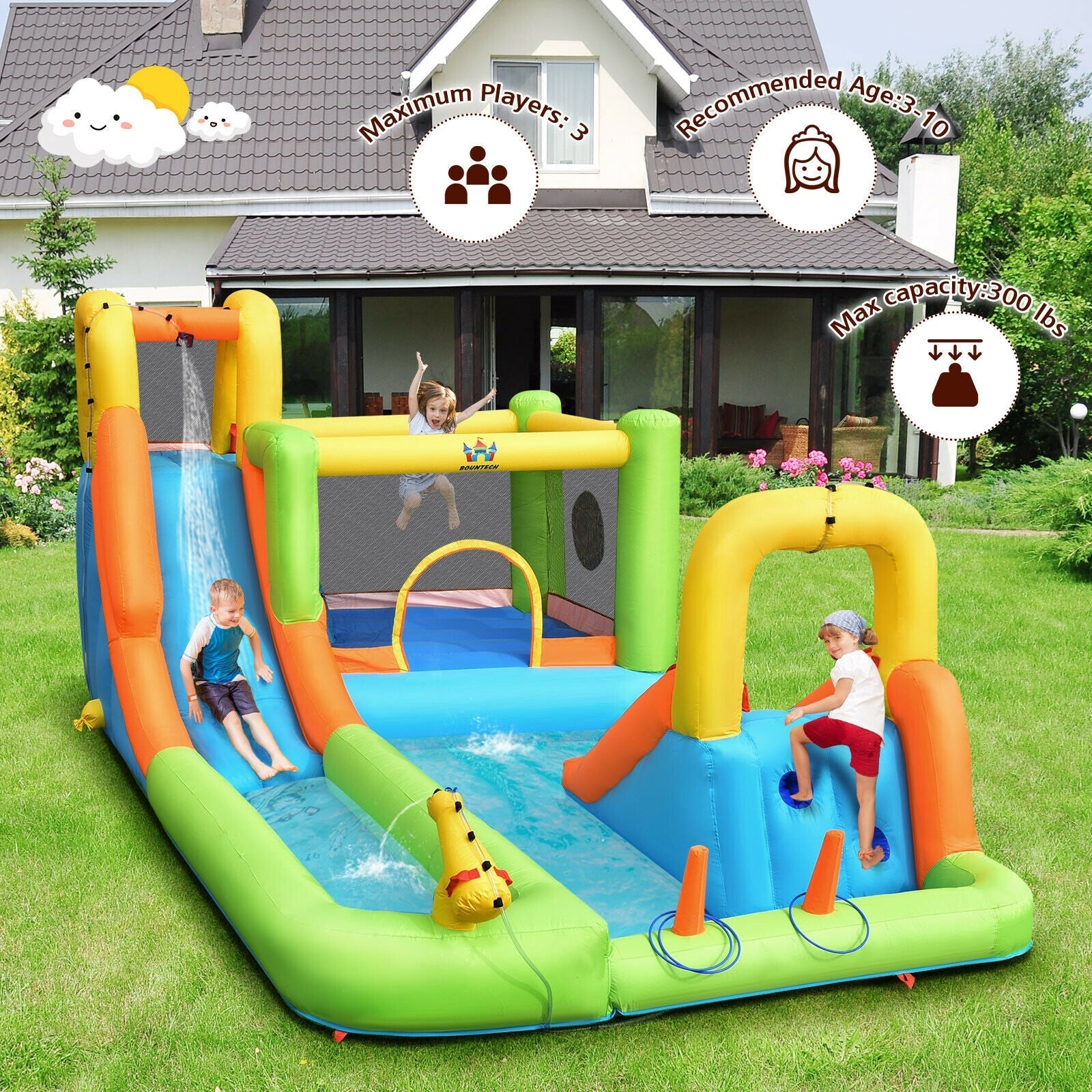 Costway 8-in-1 Inflatable Water Slide Bounce House Splash Pool w/ 735W Blower 85693124 New