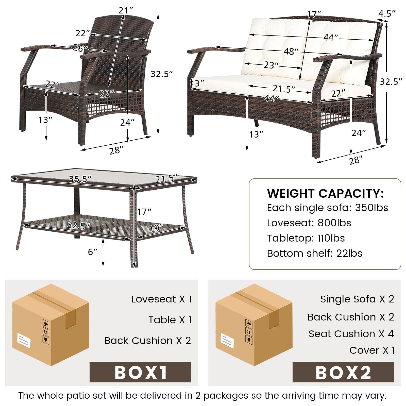 Costway 4-Pc Outdoor Rattan Patio Conversation Set w/ Protective Cover 89307412 New
