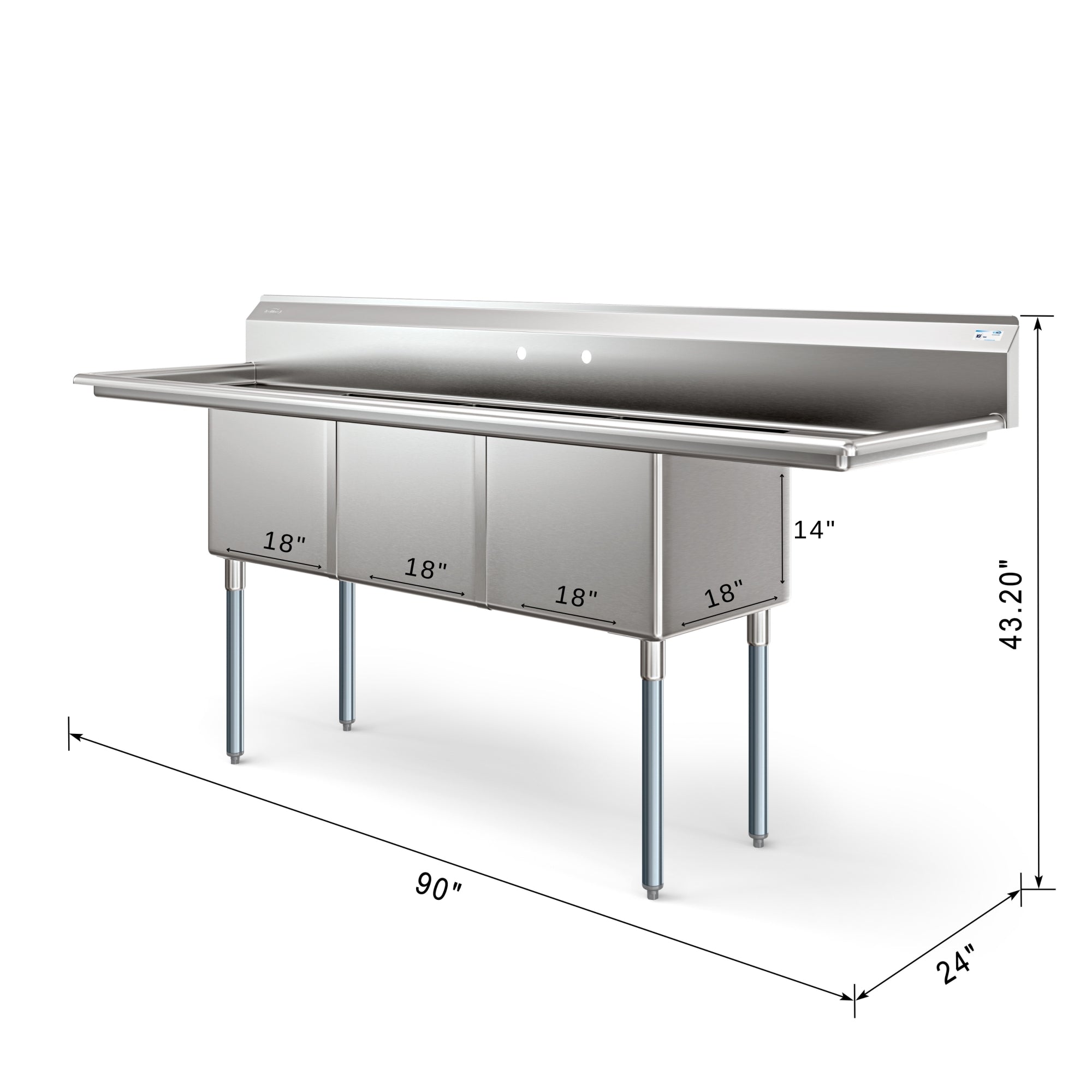 90 in. Three Compartment Commercial Sink Bowl Size 18x18x14 18-Gauge Stainless-Steel with 2 Drainboards