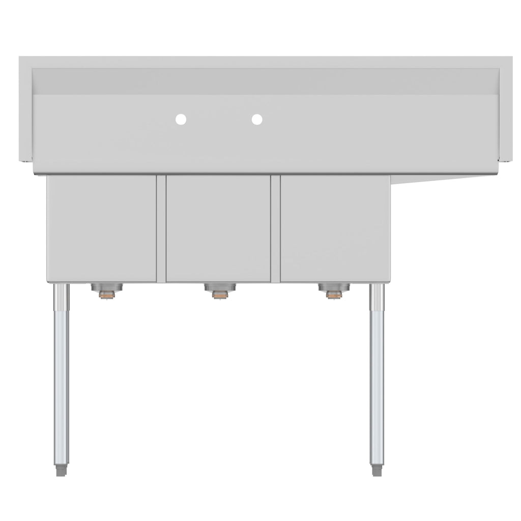 51 in. Three Compartment Stainless Steel Commercial Sink with Drainboard, Bowl Size 12"x 16"x 10"