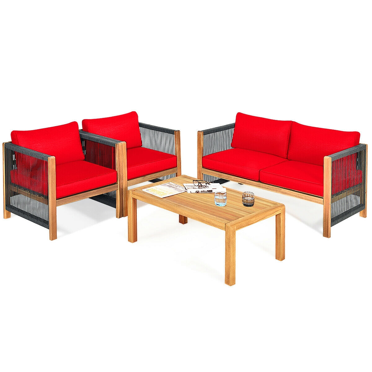 Costway 4-Piece Acacia Wood Outdoor Patio Sofa Set with Cushions 27630584 New