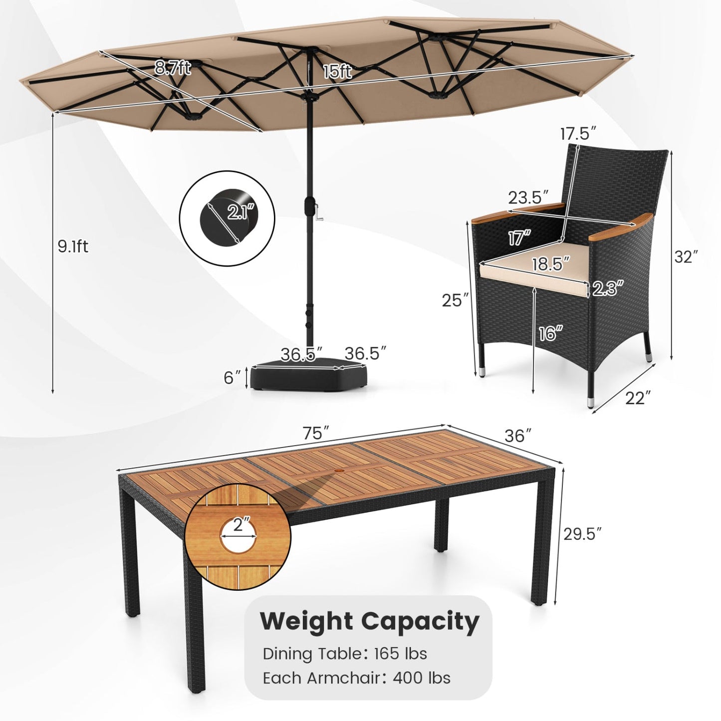 Costway 10-Pc Outdoor Patio Dining Set w/ 15' Double-Sided Twin Umbrella 983654721 New