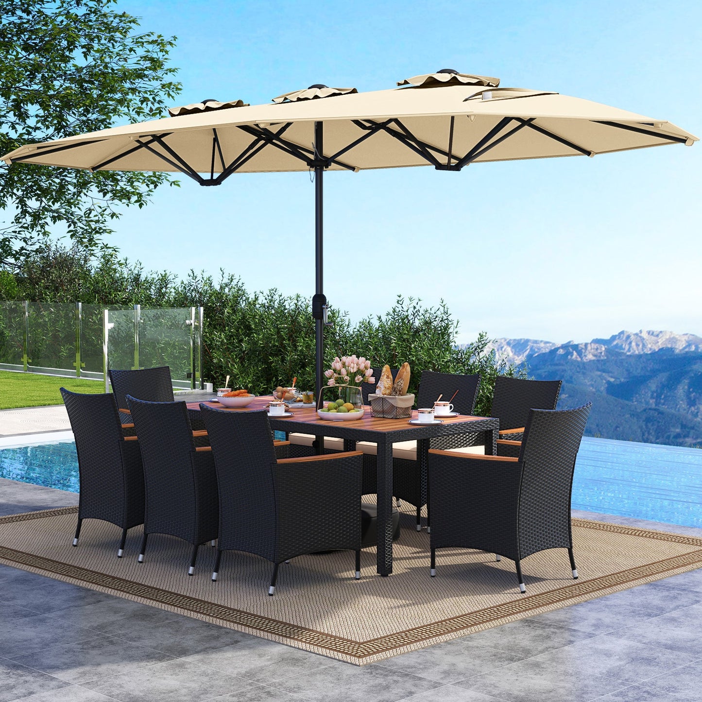 Costway 10-Pc Outdoor Patio Dining Set w/ 15' Double-Sided Twin Umbrella 983654721 New