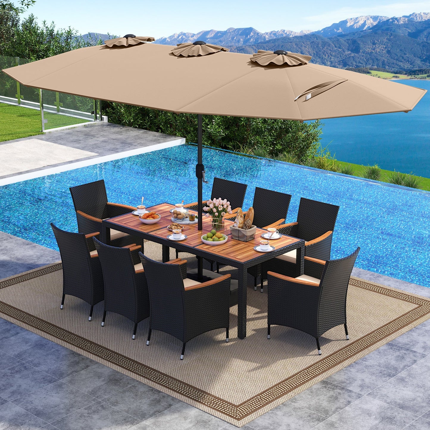 Costway 10-Pc Outdoor Patio Dining Set w/ 15' Double-Sided Twin Umbrella 983654721 New