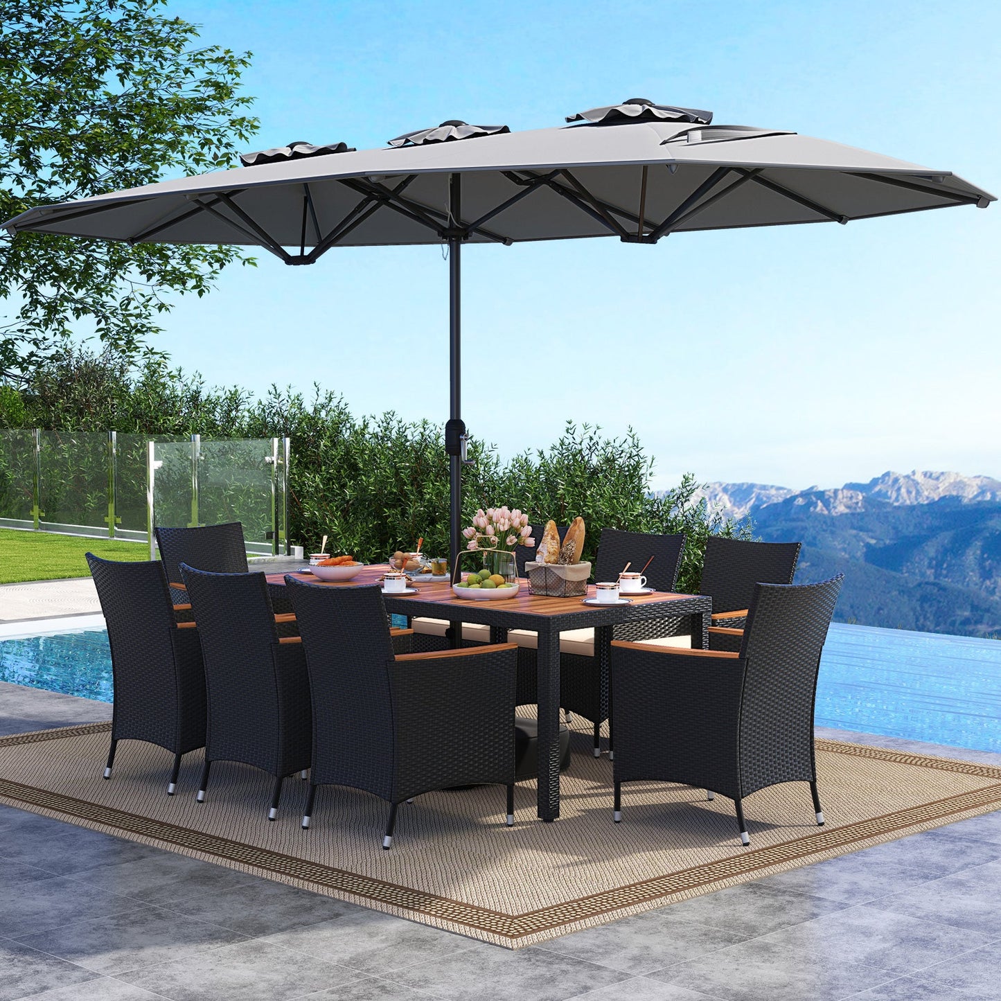 Costway 10-Pc Outdoor Patio Dining Set w/ 15' Double-Sided Twin Umbrella 983654721 New