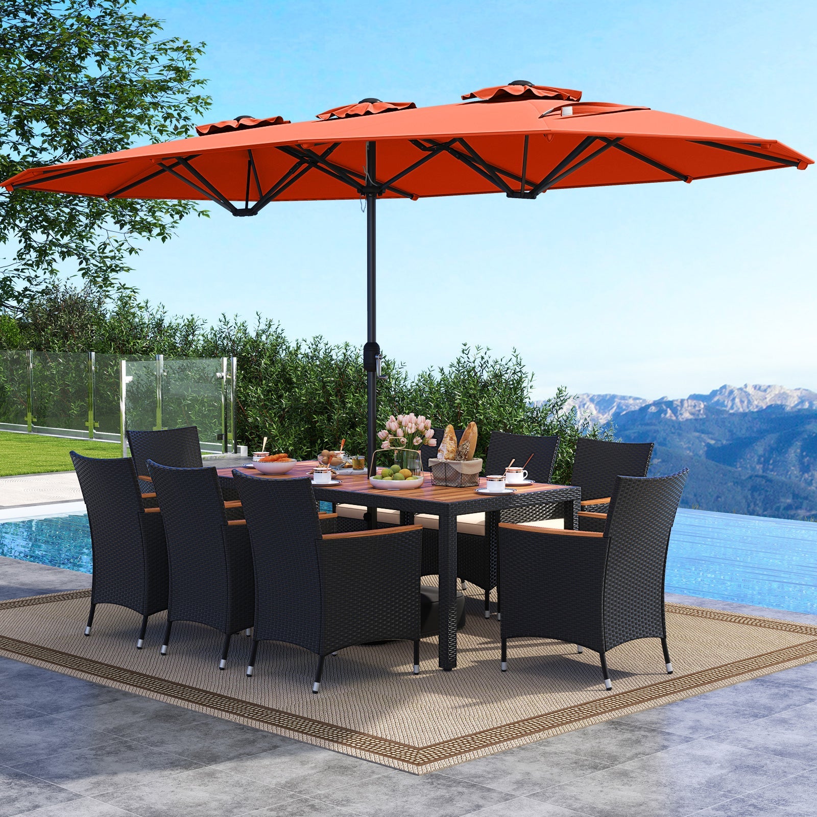 Costway 10-Pc Outdoor Patio Dining Set w/ 15' Double-Sided Twin Umbrella 983654721 New