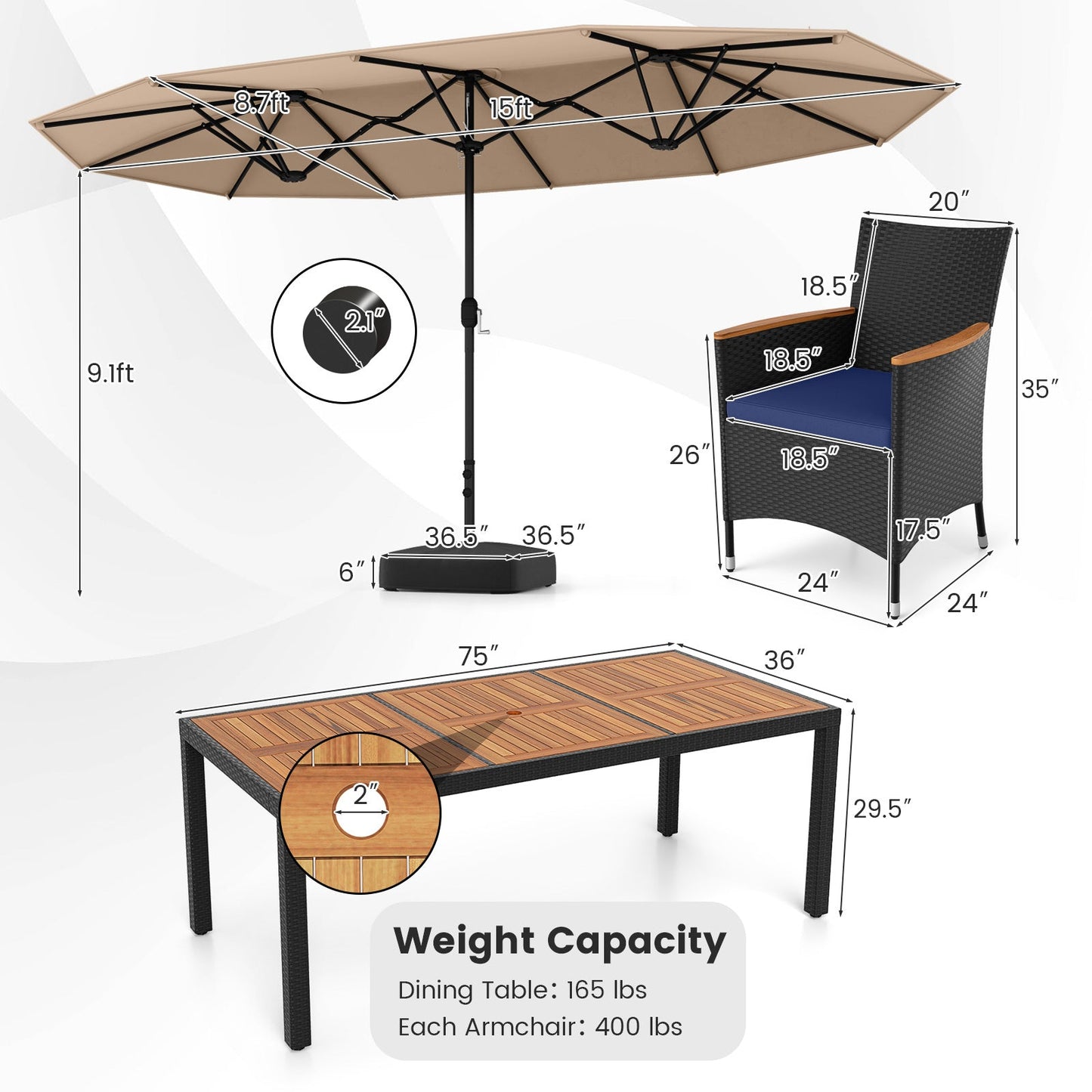 Costway 10 Piece Outdoor Patio Dining Set w/ 15' Double-Sided Twin Umbrella 659827341 New