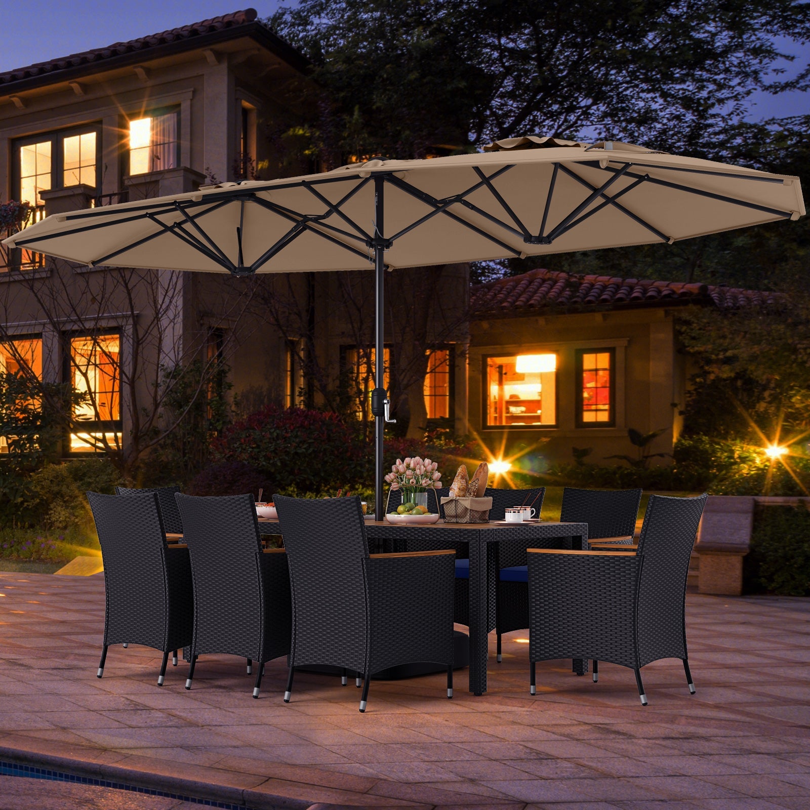 Costway 10 Piece Outdoor Patio Dining Set w/ 15' Double-Sided Twin Umbrella 659827341 New