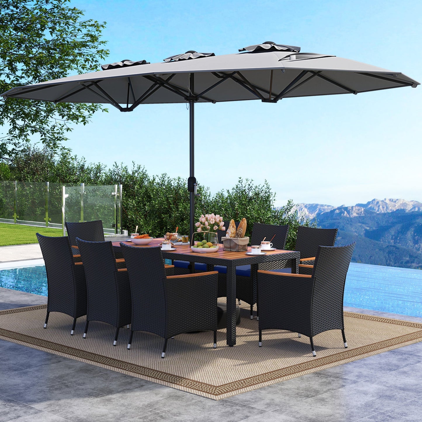Costway 10 Piece Outdoor Patio Dining Set w/ 15' Double-Sided Twin Umbrella 659827341 New