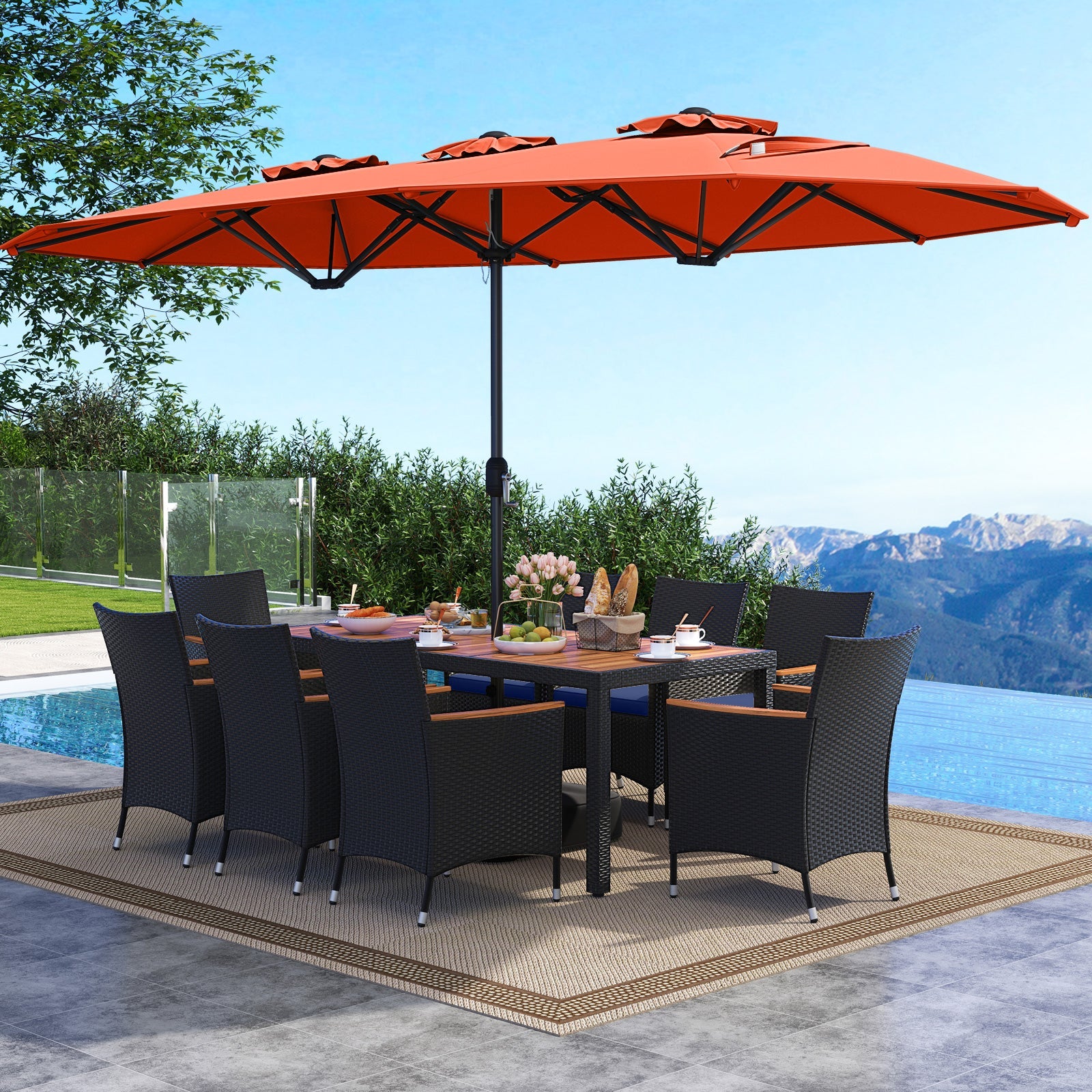 Costway 10 Piece Outdoor Patio Dining Set w/ 15' Double-Sided Twin Umbrella 659827341 New