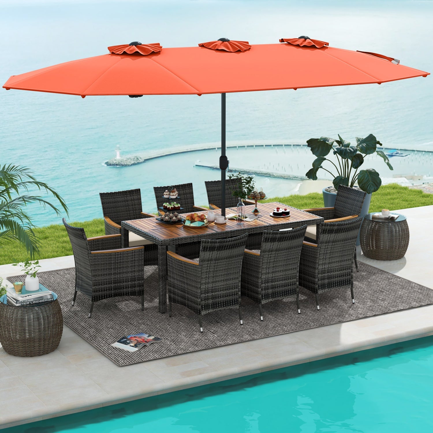 Costway 10-Pc Wicker Outdoor Dining Set for 8 w/ 15' Patio Umbrella 51934768 New