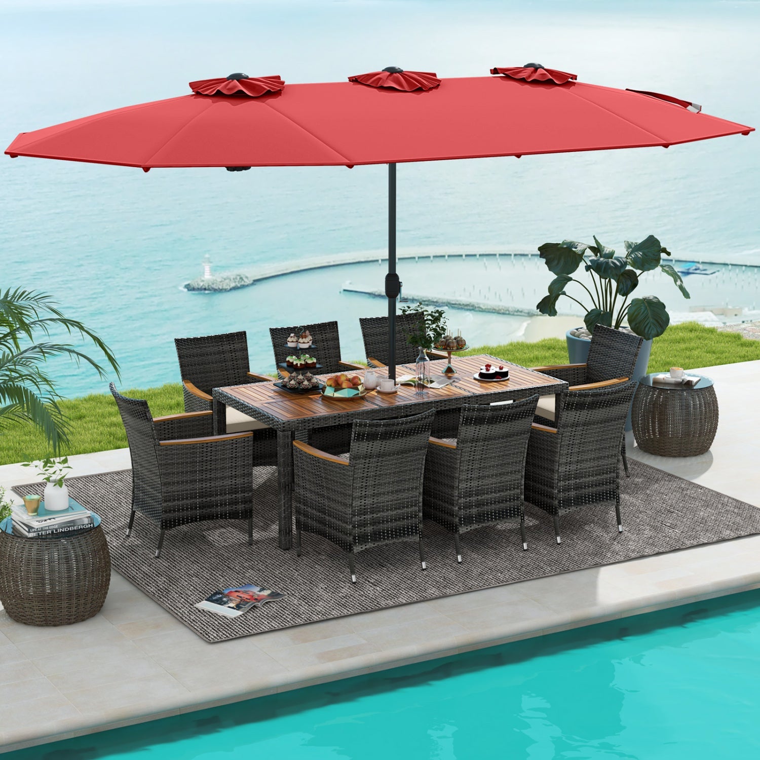 Costway 10-Pc Wicker Outdoor Dining Set for 8 w/ 15' Patio Umbrella 51934768 New