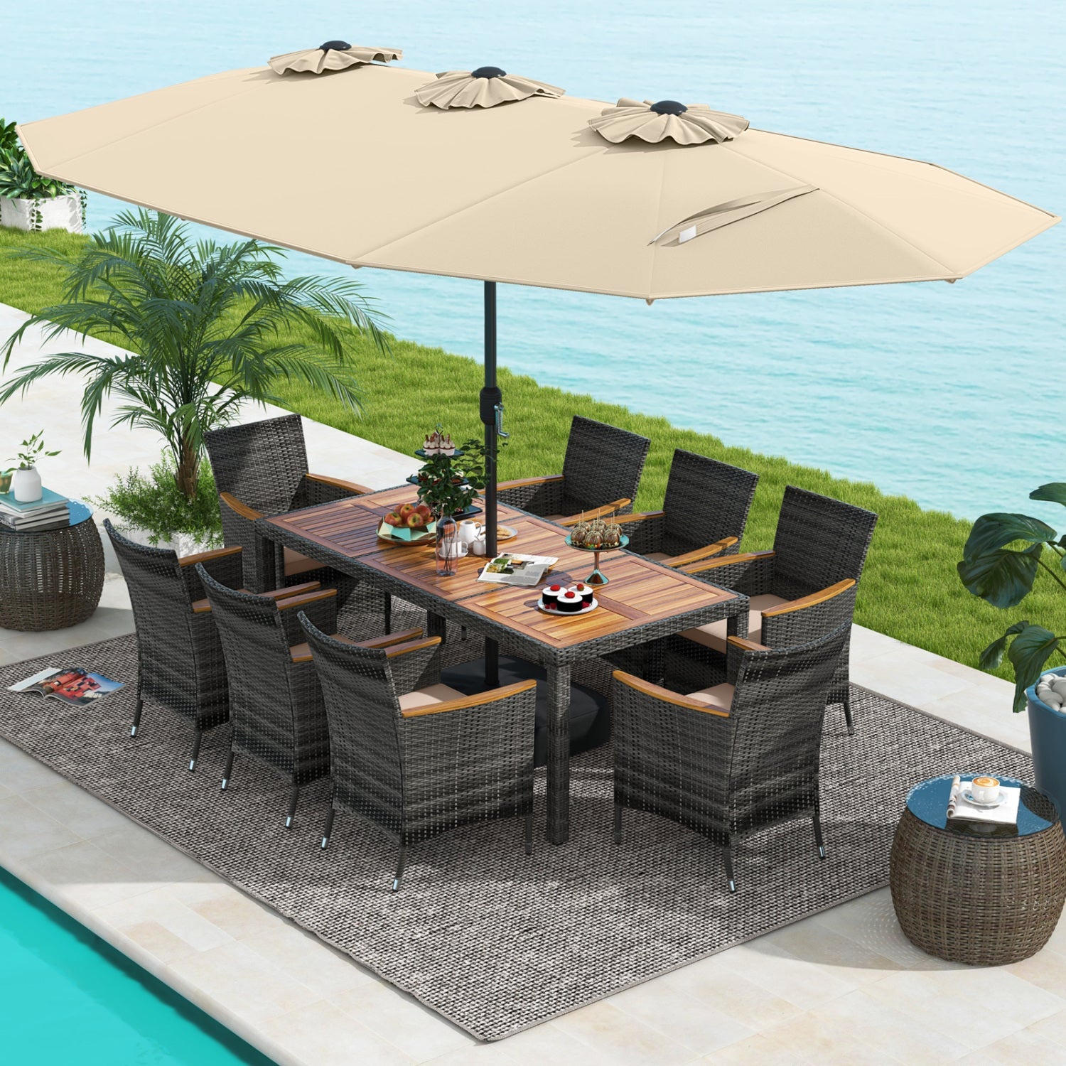 Costway 10-Pc Wicker Outdoor Dining Set for 8 w/ 15' Patio Umbrella 51934768 New