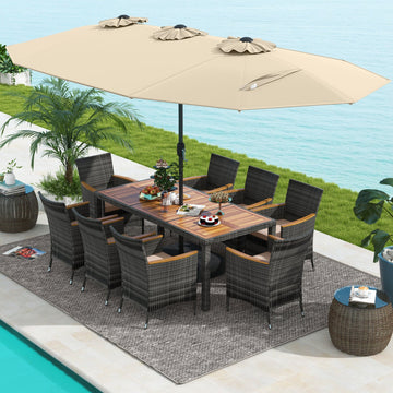 Costway 10-Pc Wicker Outdoor Dining Set for 8 w/ 15' Patio Umbrella 51934768 New