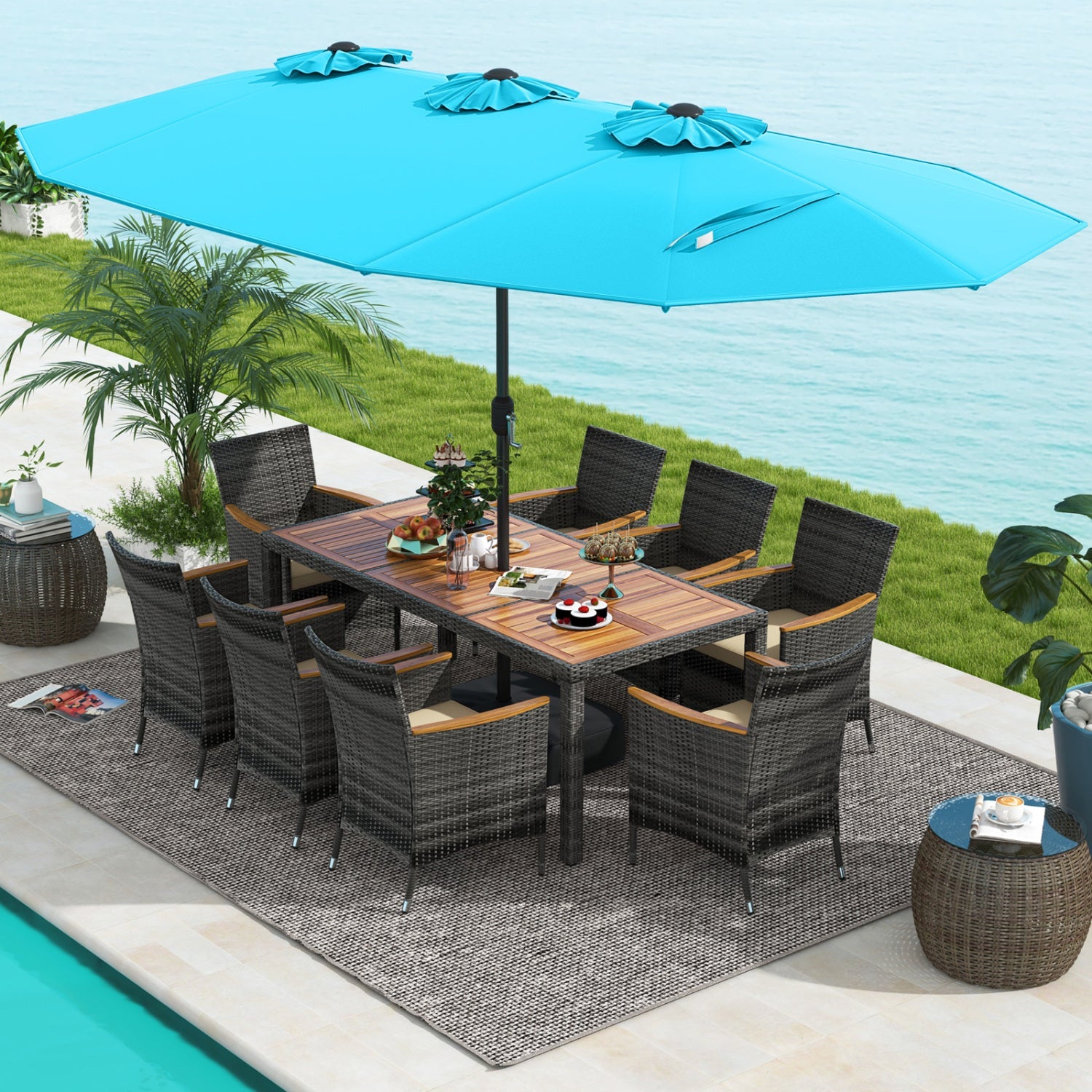 Costway 10-Pc Wicker Outdoor Dining Set for 8 w/ 15' Patio Umbrella 51934768 New