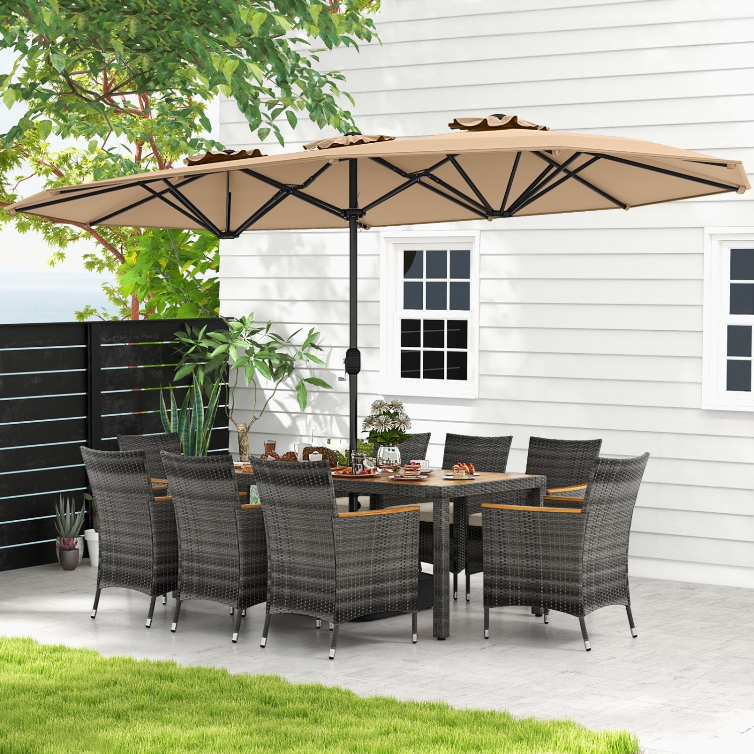 Costway 10-Pc Wicker Outdoor Dining Set for 8 w/ 15' Patio Umbrella 51934768 New