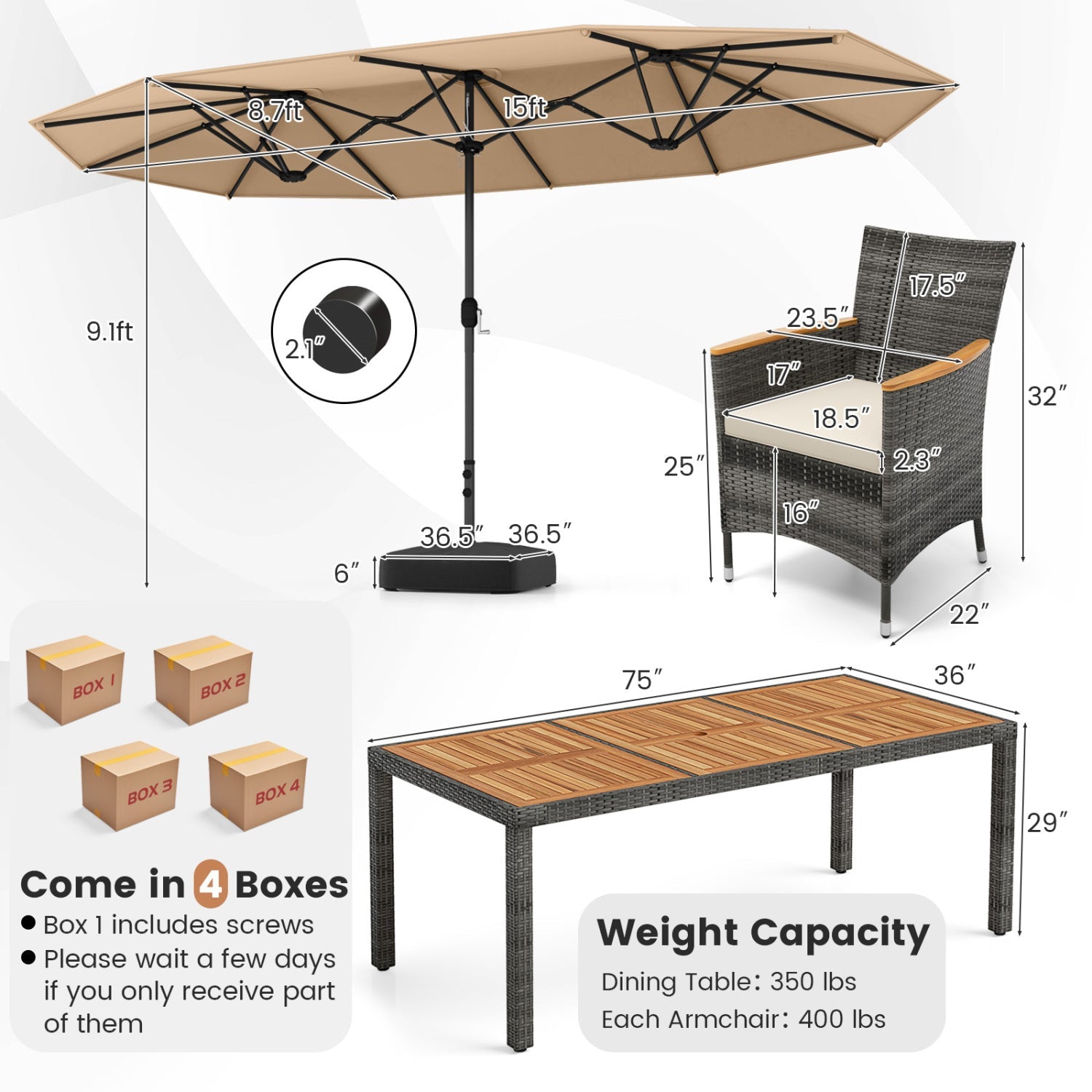 Costway 10-Pc Wicker Outdoor Dining Set for 8 w/ 15' Patio Umbrella 51934768 New
