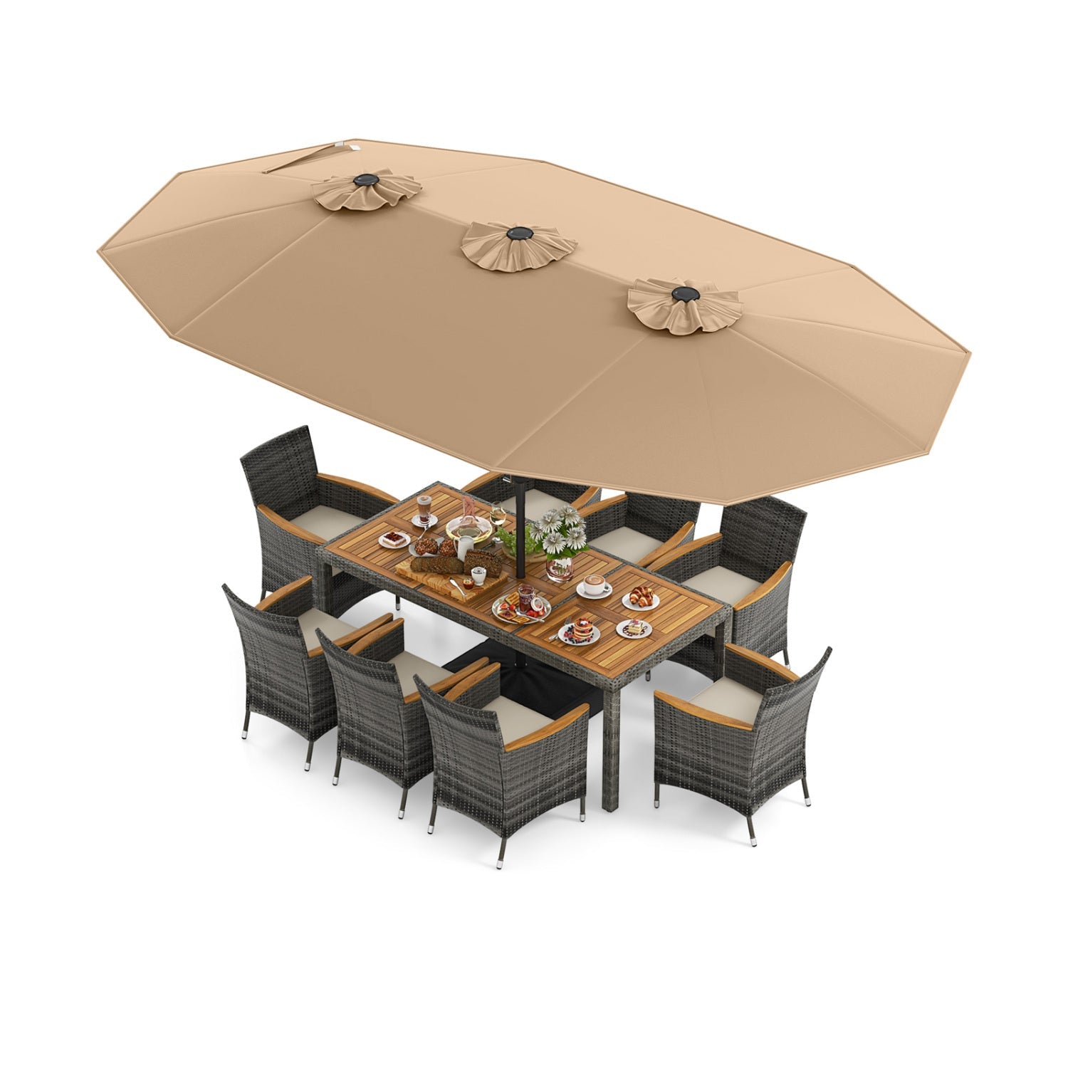 Costway 10-Pc Wicker Outdoor Dining Set for 8 w/ 15' Patio Umbrella 51934768 New
