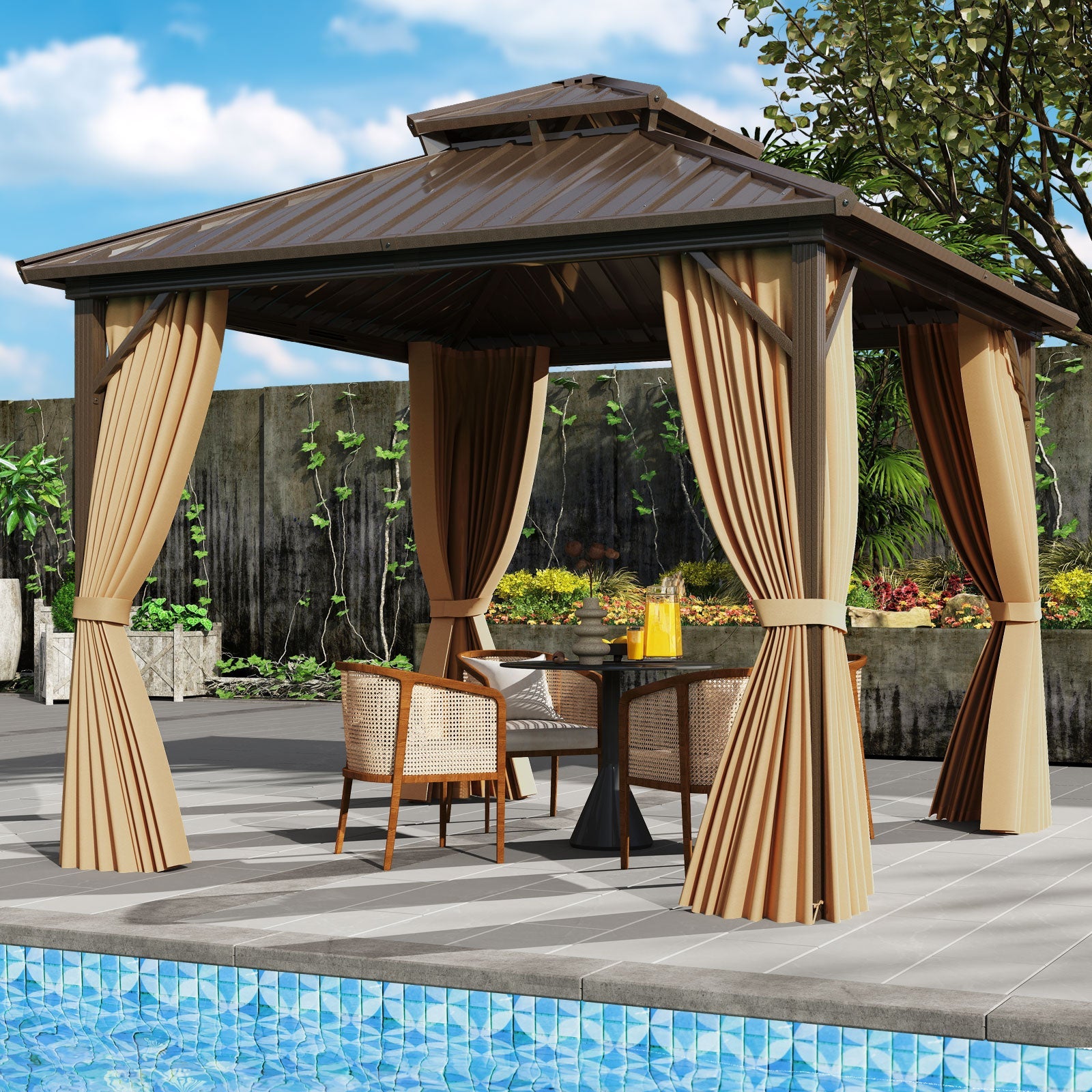 Costway 10' x 10' Hardtop Gazebo w/ Netting & Curtain Patio Backyard 70125847 New