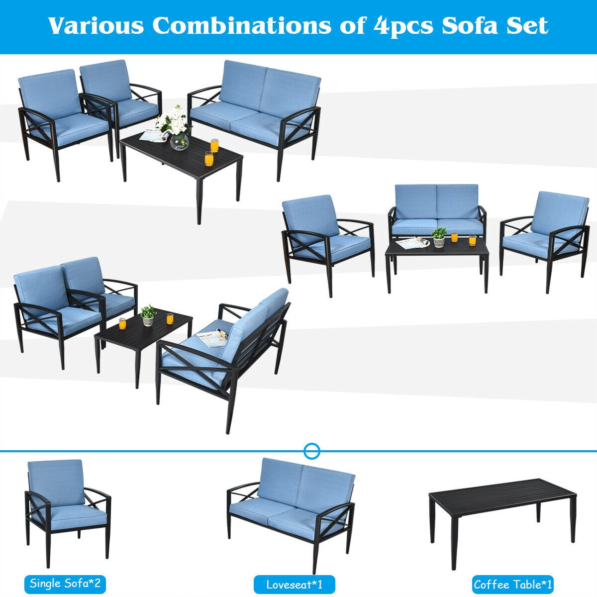 Costway 4-Pc Patio Furniture Set Aluminum Frame Cushioned Sofa 68451239 New