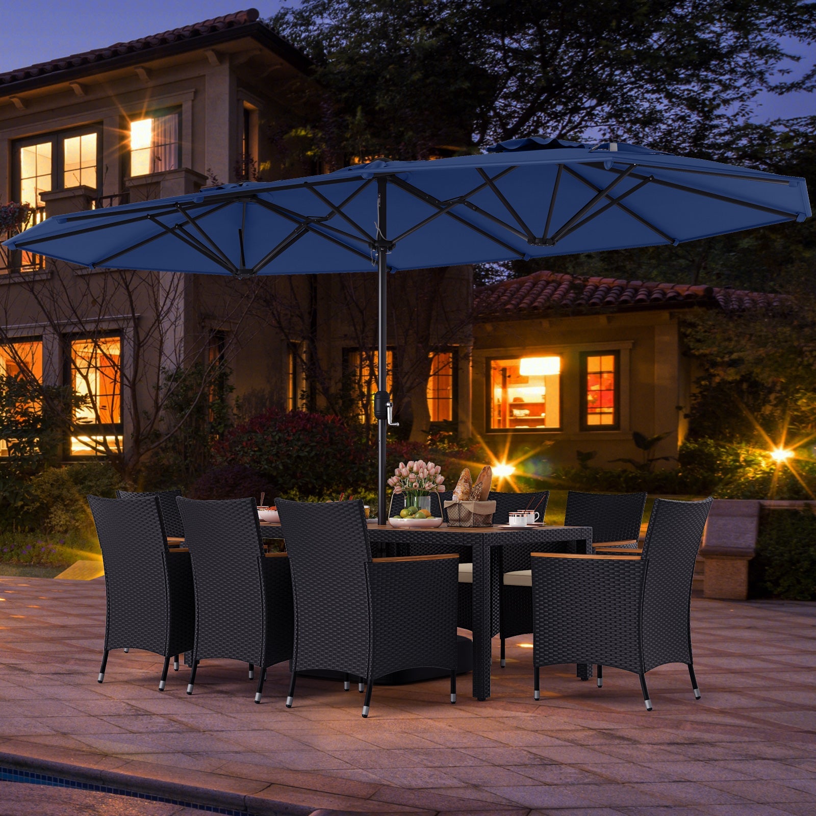 Costway 10-Pc Outdoor Patio Dining Set w/ 15' Double-Sided Twin Umbrella 983654721 New