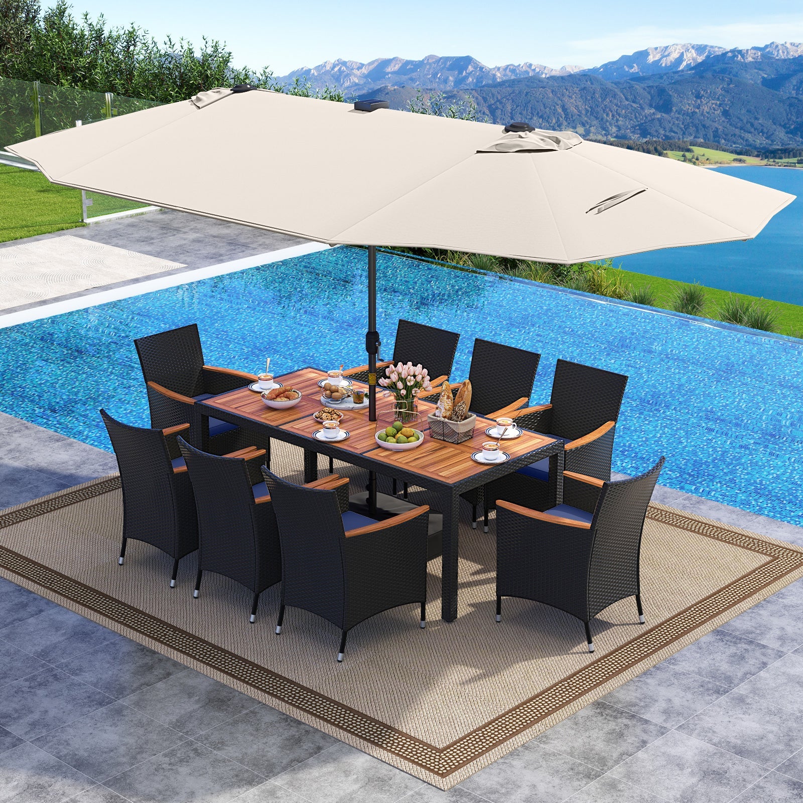 Costway 11-Pc Patio Dining Set w/ LED Umbrella Base Seat Cushions Navy 496781235 New