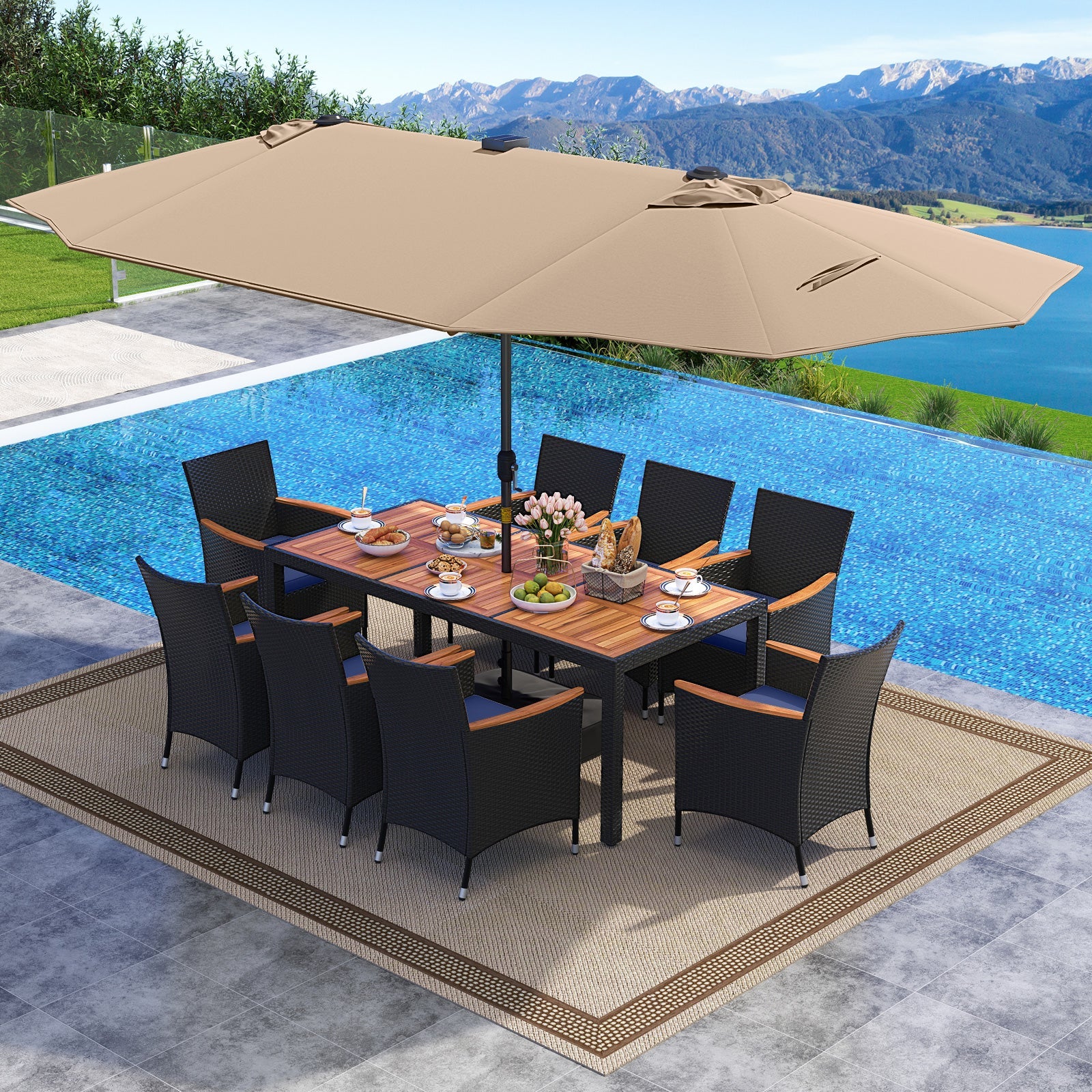 Costway 11-Pc Patio Dining Set w/ LED Umbrella Base Seat Cushions Navy 496781235 New
