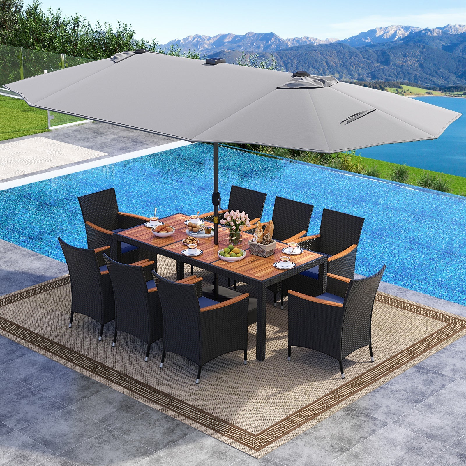 Costway 11-Pc Patio Dining Set w/ LED Umbrella Base Seat Cushions Navy 496781235 New
