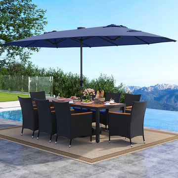 Costway 11-Pc Patio Dining Set w/ LED Umbrella Base Seat Cushions Navy 496781235 New
