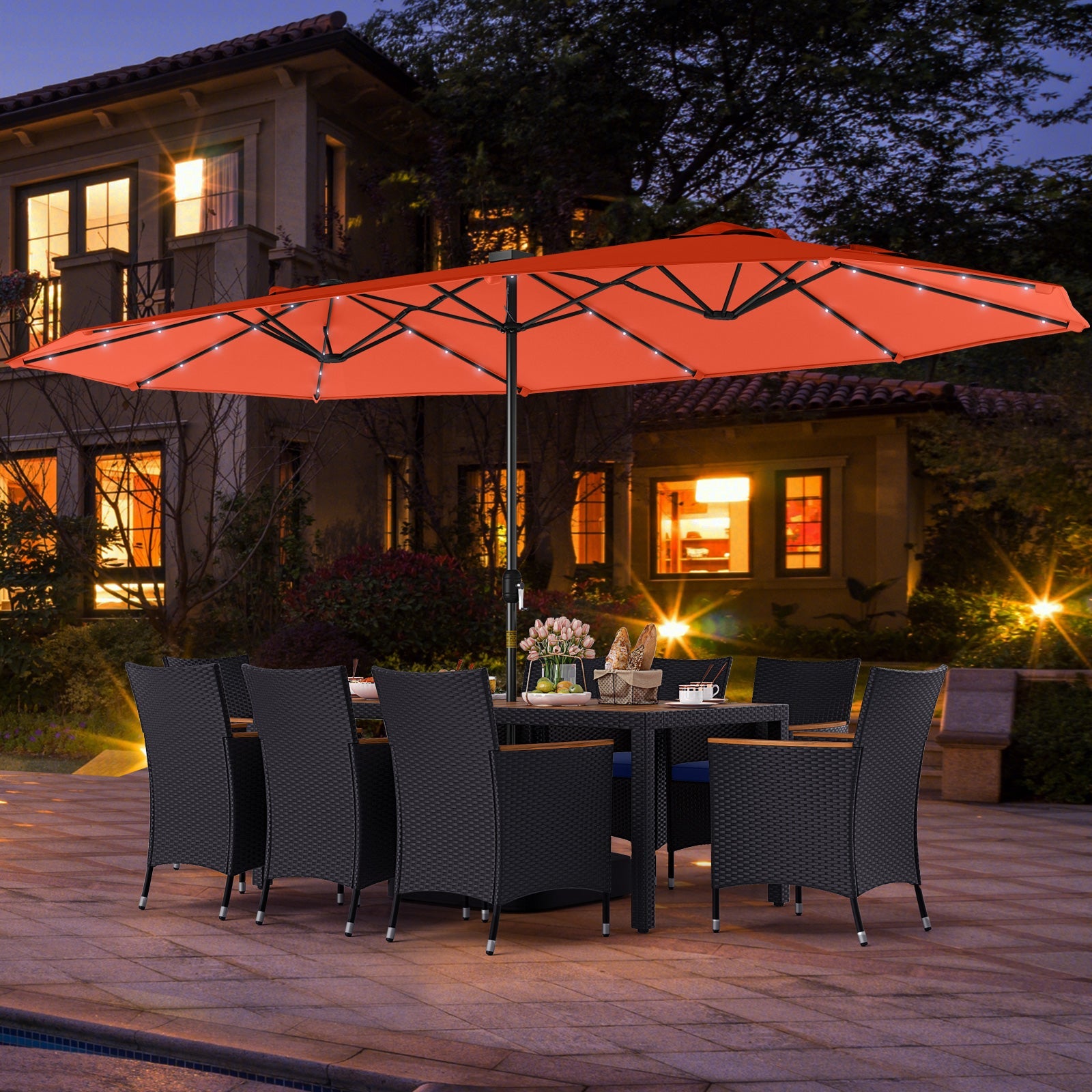 Costway 11-Pc Patio Dining Set w/ LED Umbrella Base Seat Cushions Navy 496781235 New