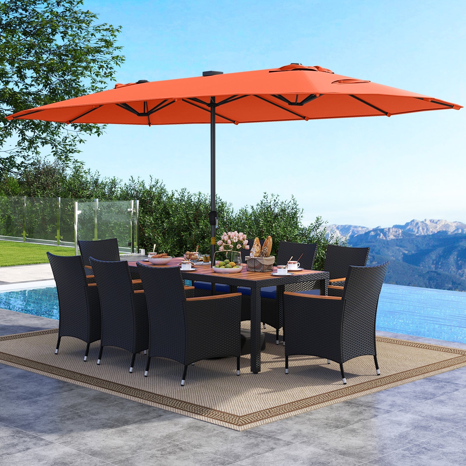 Costway 11-Pc Patio Dining Set w/ LED Umbrella Base Seat Cushions Navy 496781235 New