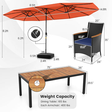 Costway 11-Pc Patio Dining Set w/ LED Umbrella Base Seat Cushions Navy 496781235 New