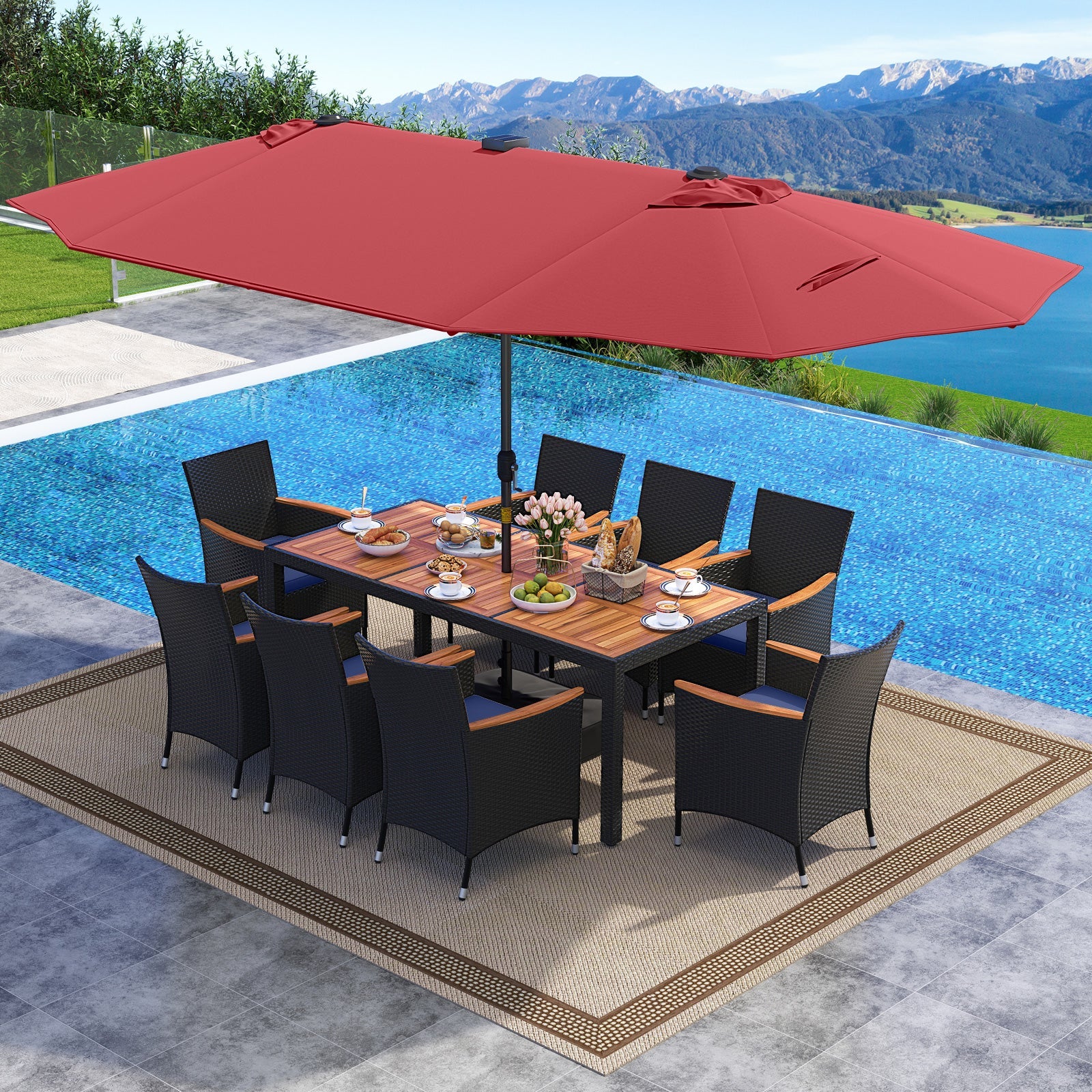 Costway 11-Pc Patio Dining Set w/ LED Umbrella Base Seat Cushions Navy 496781235 New