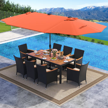 Costway 11-Pc Patio Dining Set LED Umbrella Base Cushions Beige 513627894 New