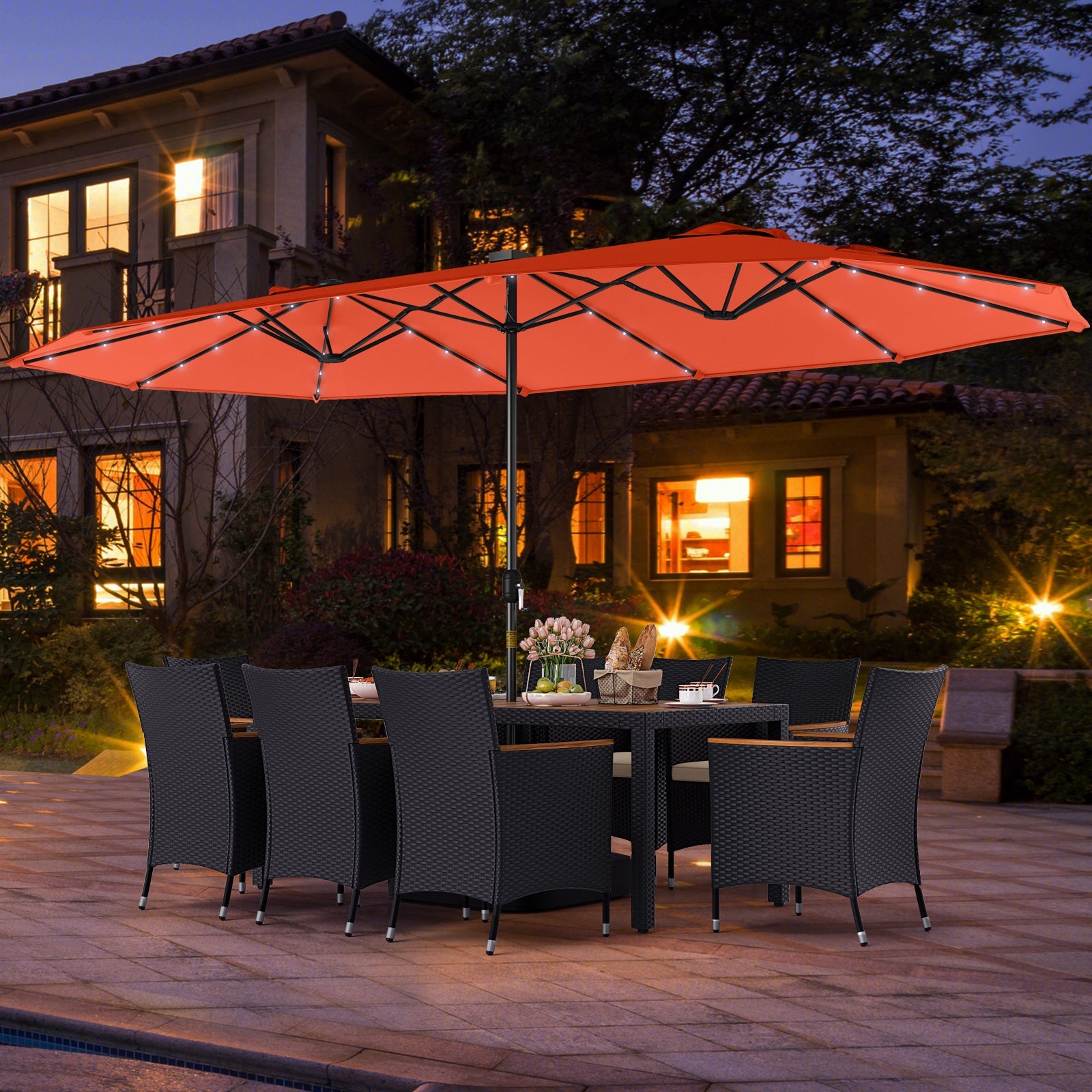 Costway 11-Pc Patio Dining Set LED Umbrella Base Cushions Beige 513627894 New