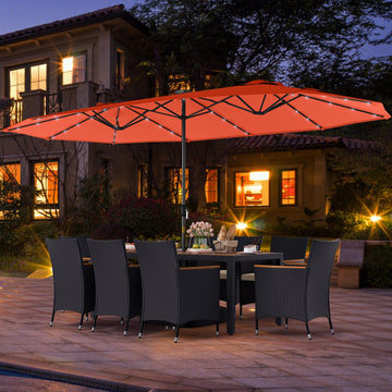 Costway 11-Pc Patio Dining Set LED Umbrella Base Cushions Beige 513627894 New