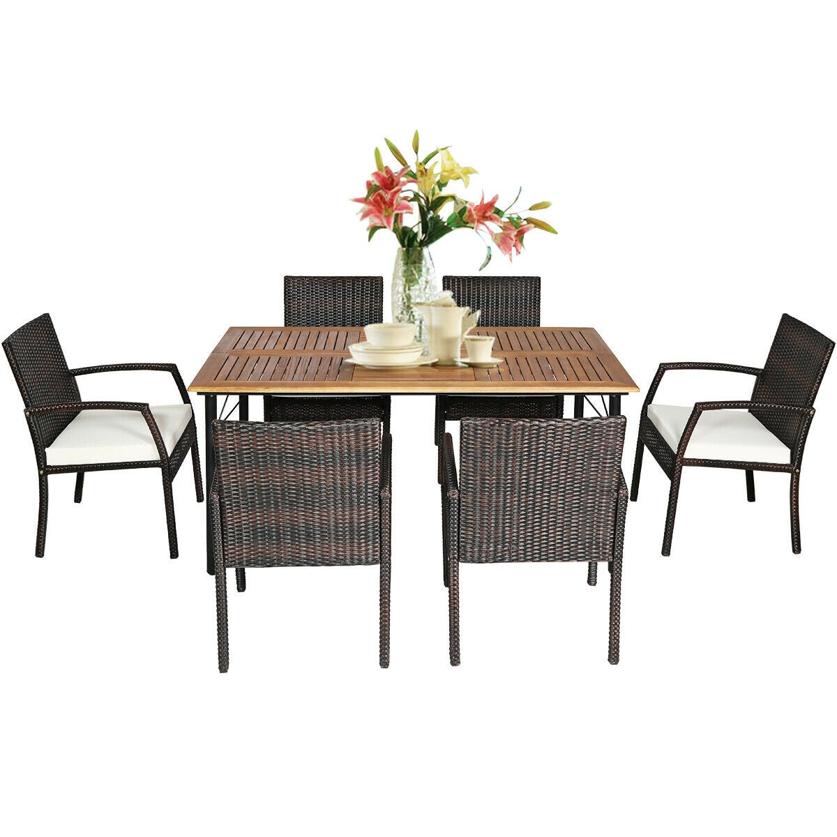 Costway 7-Pc Patio Rattan Cushioned Dining Set w/ Umbrella Hole 39746208 New