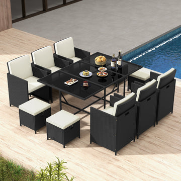 Costway 11 Piece Patio Dining Set Wicker Chairs Tempered Glass Table Waterproof Cushions 26541893 New