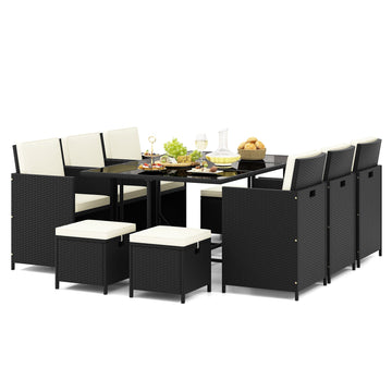 Costway 11 Piece Patio Dining Set Wicker Chairs Tempered Glass Table Waterproof Cushions 26541893 New