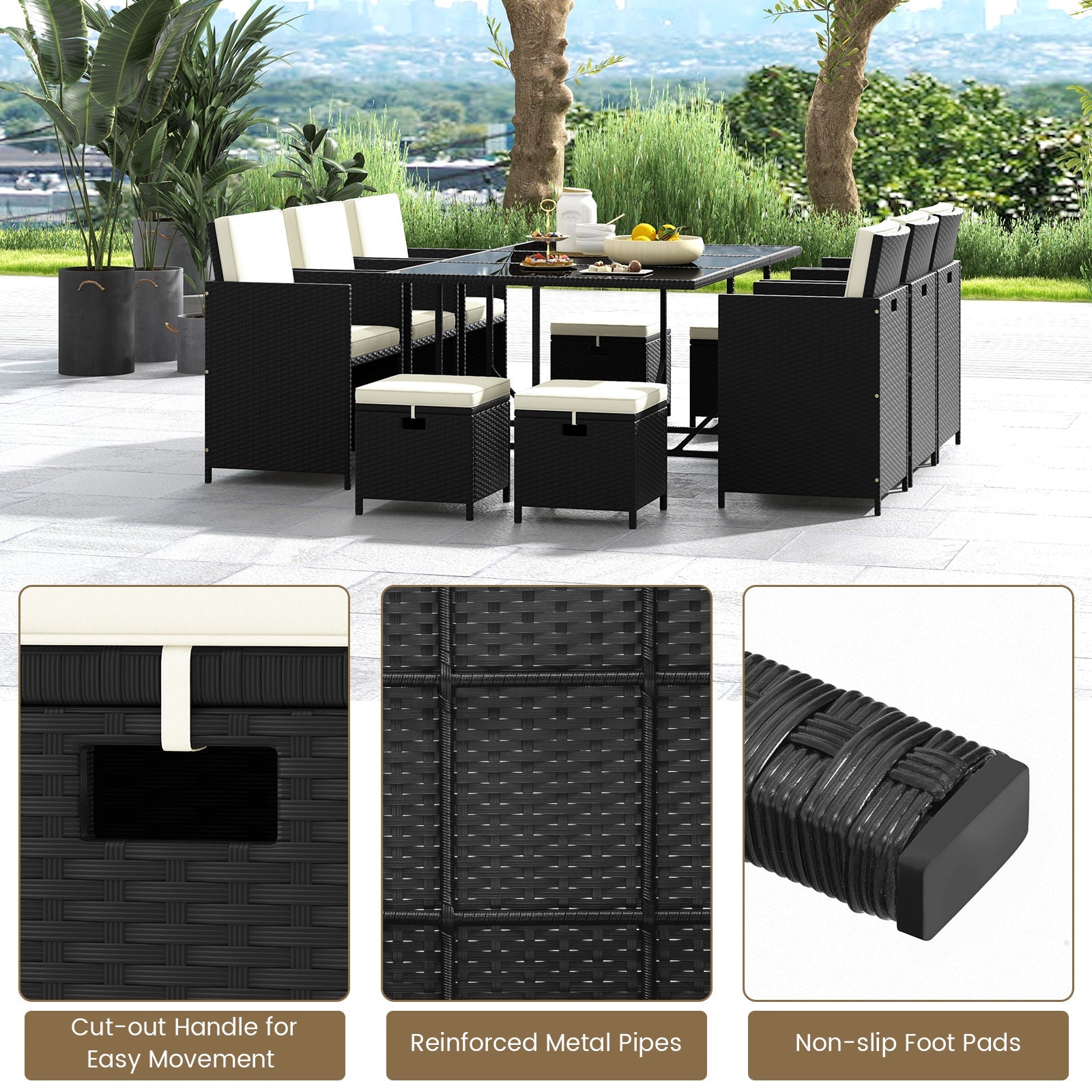 Costway 11 Piece Patio Dining Set Wicker Chairs Tempered Glass Table Waterproof Cushions 26541893 New