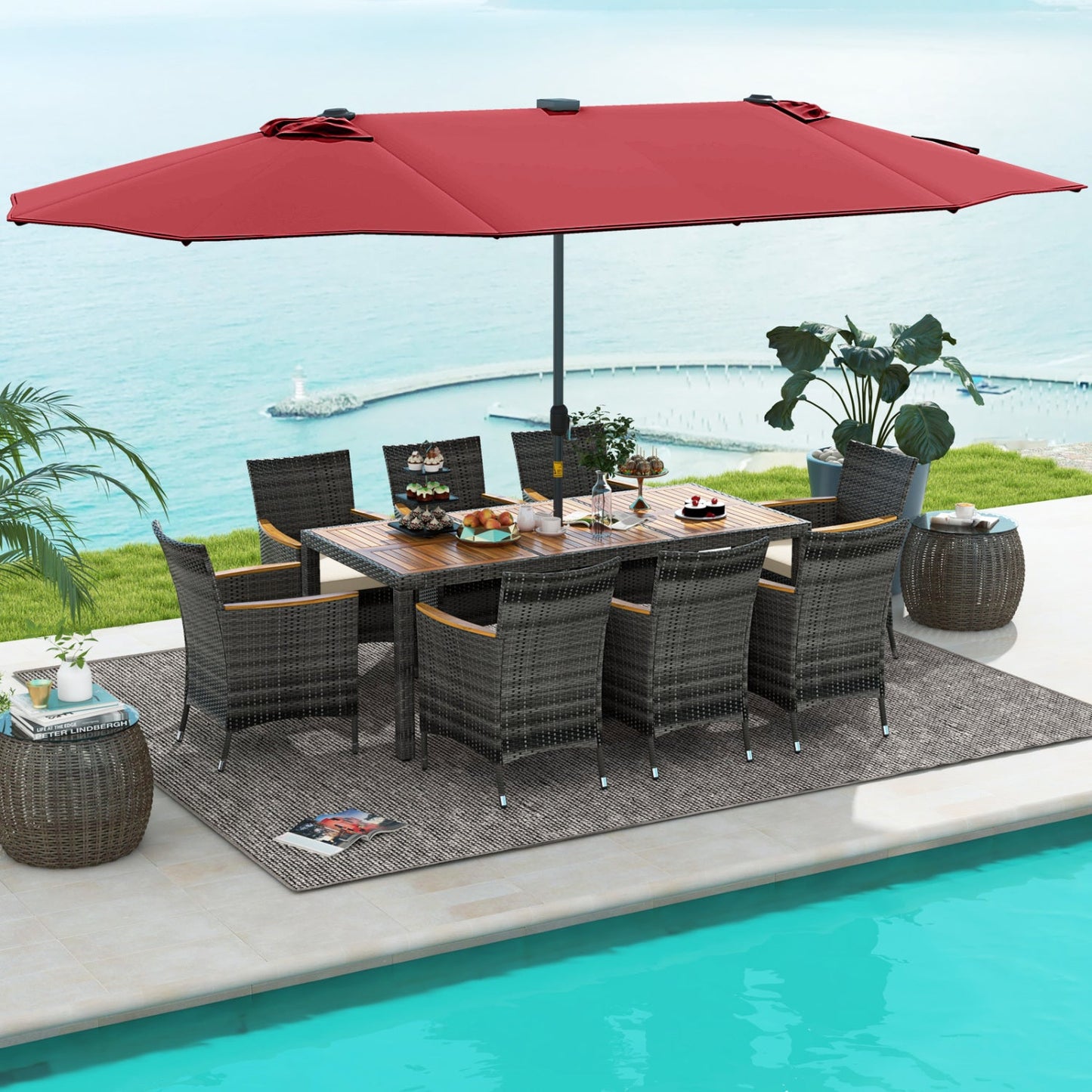 Costway 11-Pc Patio Dining Set w/ 15' Double-Sided Umbrella & Base 36148795 New