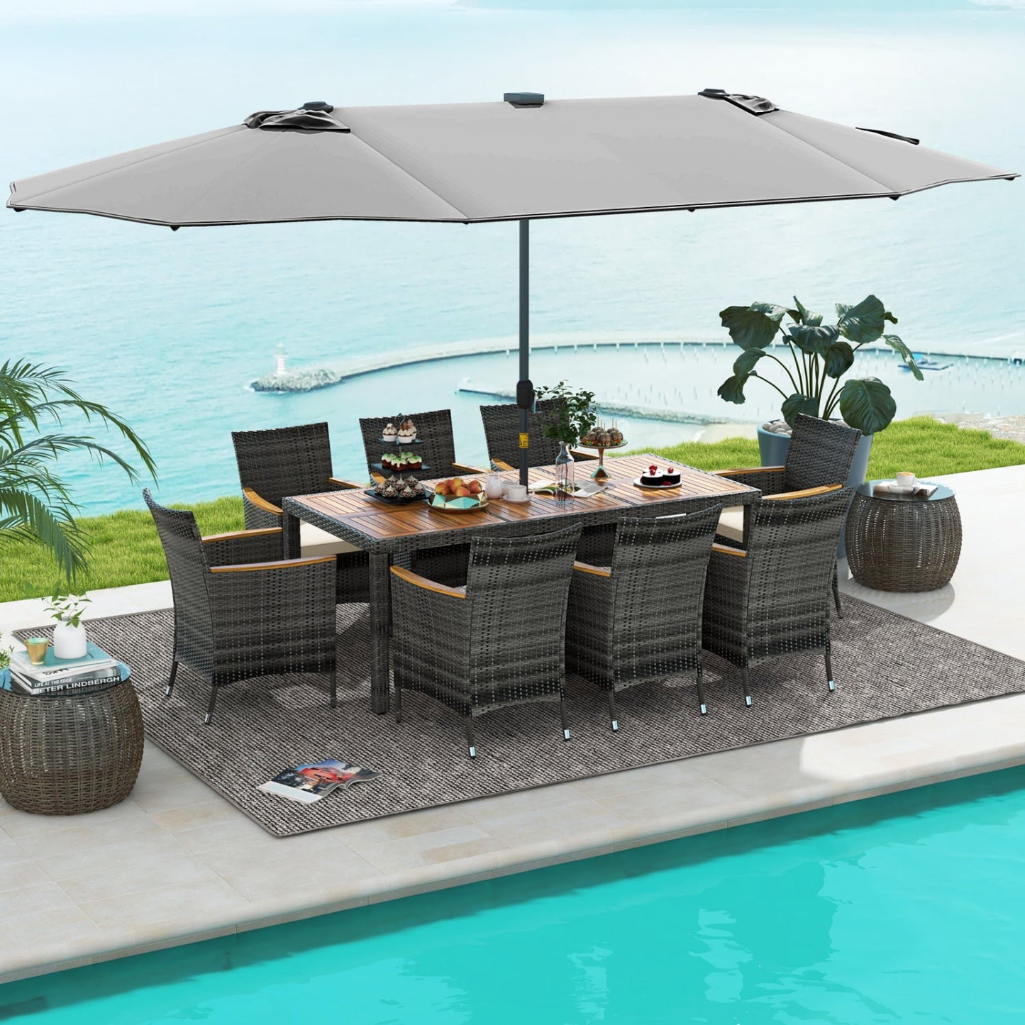 Costway 11-Pc Patio Dining Set w/ 15' Double-Sided Umbrella & Base 36148795 New