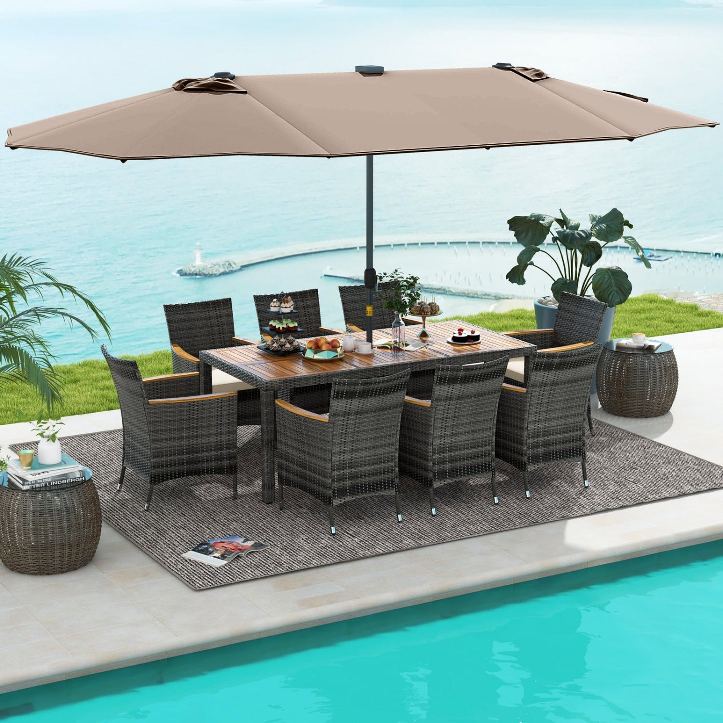 Costway 11-Pc Patio Dining Set w/ 15' Double-Sided Umbrella & Base 36148795 New
