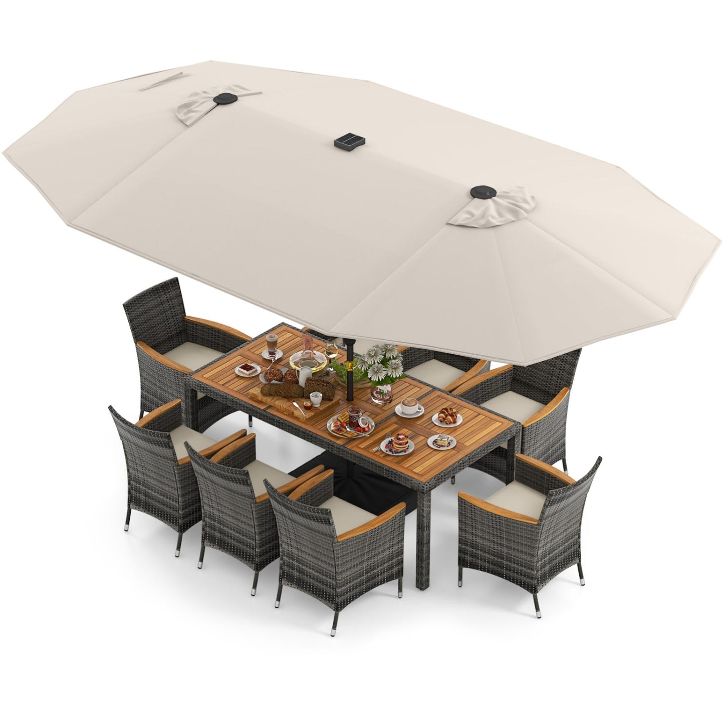 Costway 11-Pc Patio Dining Set w/ 15' Double-Sided Umbrella & Base 36148795 New
