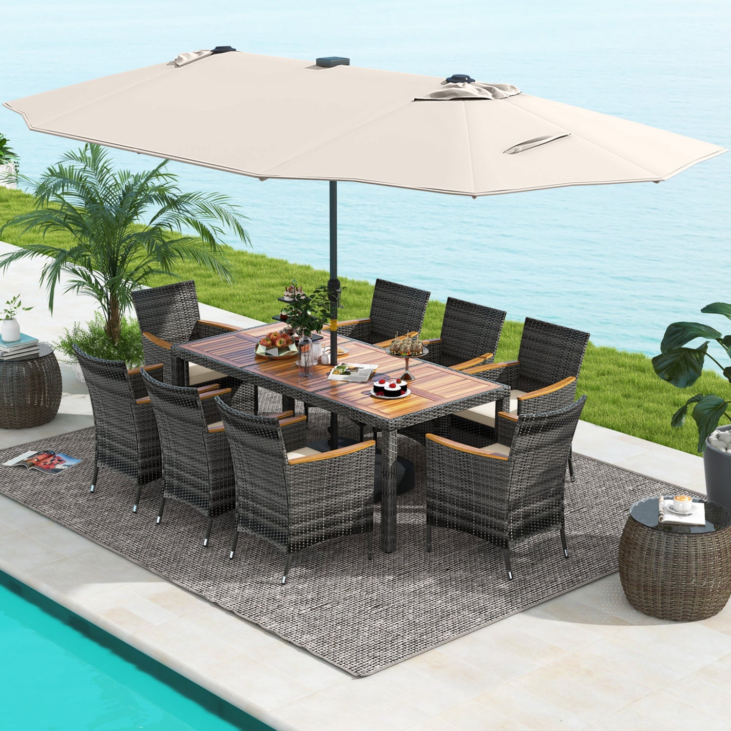 Costway 11-Pc Patio Dining Set w/ 15' Double-Sided Umbrella & Base 36148795 New