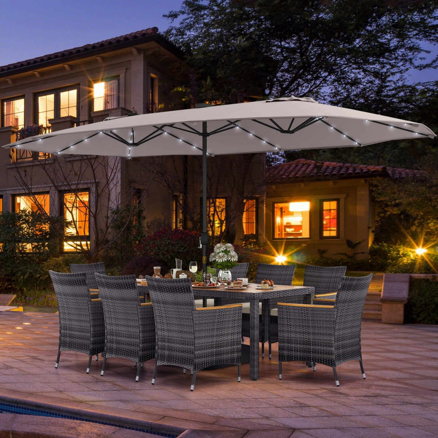 Costway 11-Pc Patio Dining Set w/ 15' Double-Sided Umbrella & Base 36148795 New