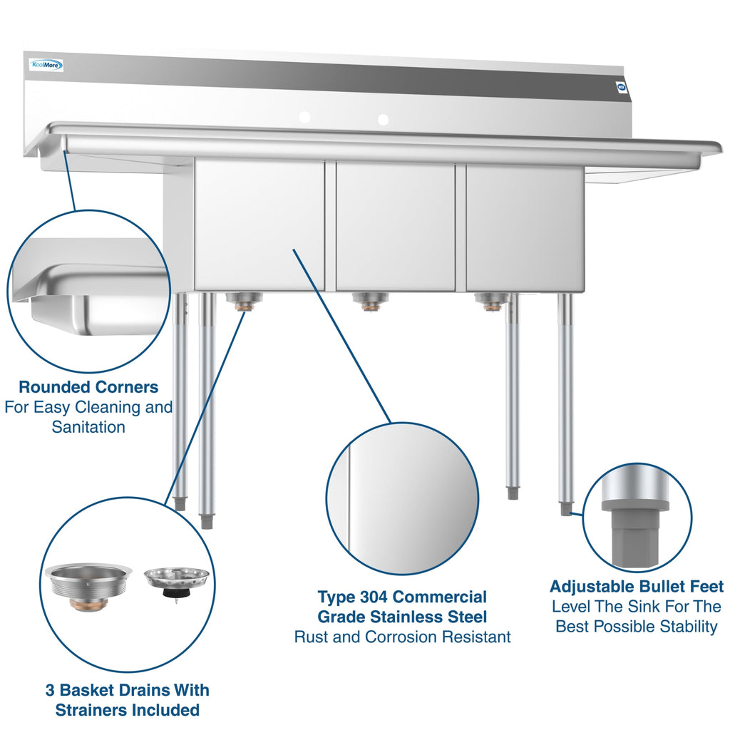 60 in. Three Compartment Stainless Steel Commercial Sink With Drainboards, Bowl Size 12"x 16"x 10"